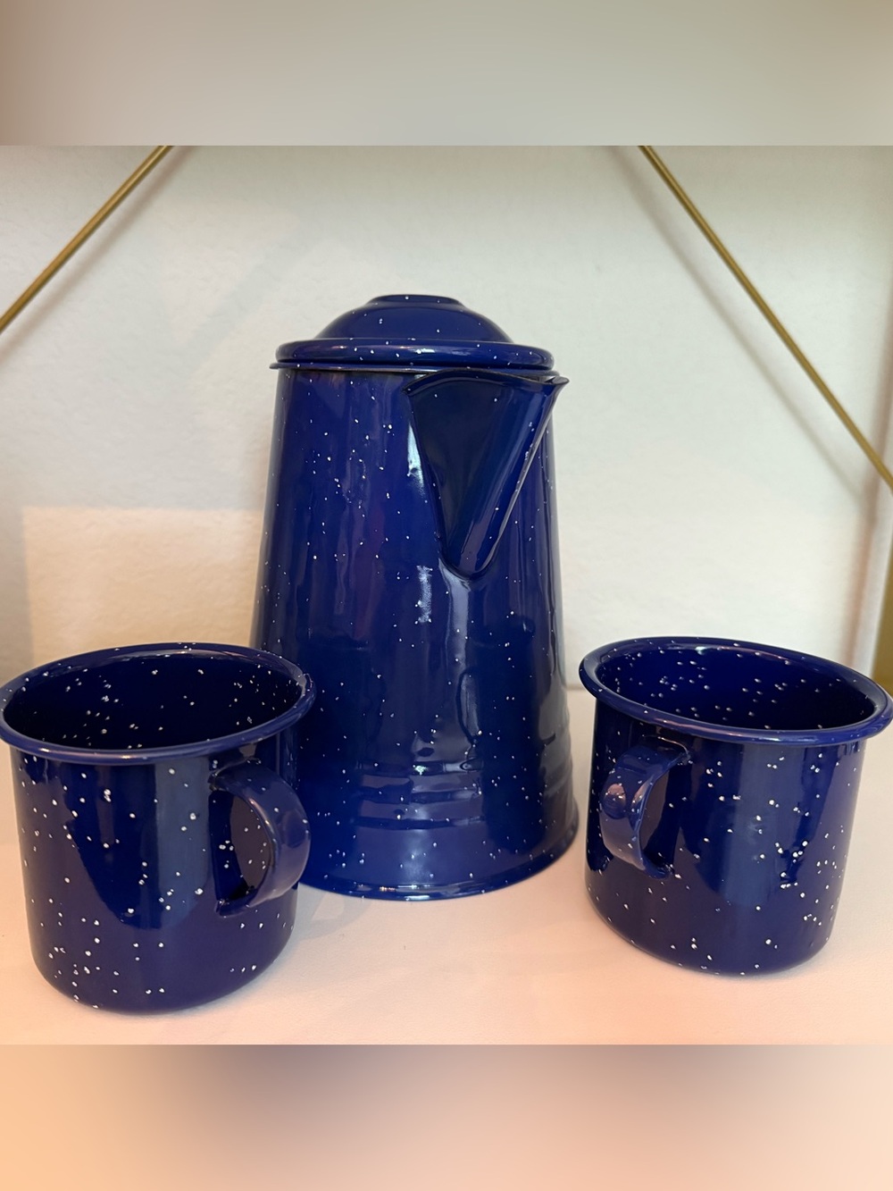 Blue Speckled Enamelware Pitcher & Matching Camp Mugs Set